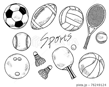 スポーツ道具やボールの白黒手書きイラストイメージのイラスト素材