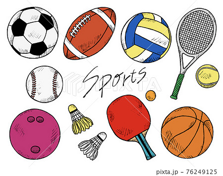 スポーツ道具やボールの手書きイラストイメージのイラスト素材