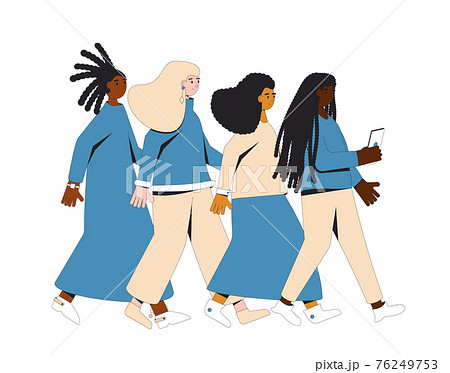 Group of female teenagers walking one after another isolated on white background. Girls and young woman. Friends wearing in casual clothes marching in step together 76249753