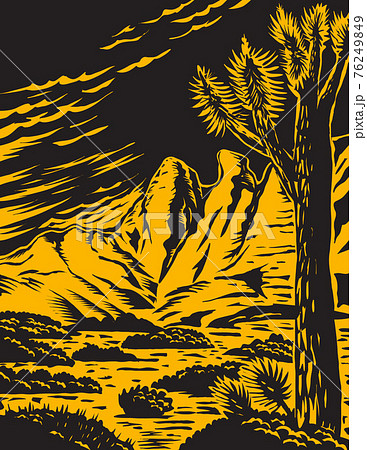Joshua Tree in the Remote and Rugged Desert Landscape of Gold Butte National Monument in Clark County Nevada Woodcut WPA Poster Art Joshua Tree in the Remote and Rugged Desert Landscape of Gold Butte National Monument in Clark County Nevada Woodcut WPA Poster Art 76249849
