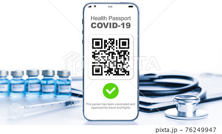 Immune certificate. Medical equipment with Coronavirus vaccine certificate on phone screen, doctor charts, syringe and stethoscope on hospital background. Vaccination, disease immunity passport. Immune certificate. Medical equipment with Coronavirus vaccine certificate on phone screen, doctor charts, syringe and stethoscope on hospital background. Vaccination, disease immunity passport. 76249947