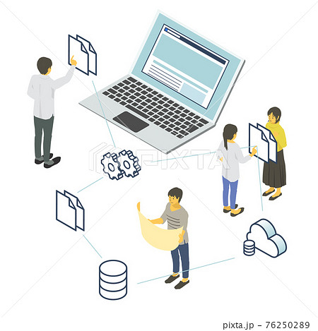 アイソメトリック プログラムを制作、管理、使用する人たちのイメージ ベクターイラスト 76250289