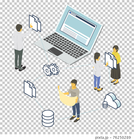 アイソメトリック プログラムを制作、管理、使用する人たちのイメージ ベクターイラスト 76250289