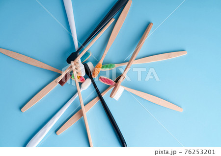 Bunch of toothbrushes. Choosing toothbrush. Oral hygiene 76253201