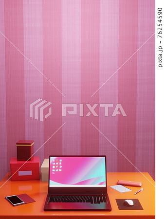 ピンクストライプ壁紙の可愛い部屋 3dcgインテリア ノートパソコン 周辺機器 雑貨のイラスト素材