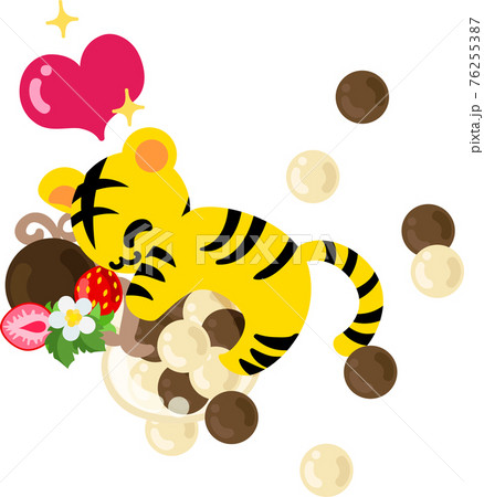 チョコレートが入った瓶に抱きつく可愛い虎ちゃんのイラストのイラスト素材