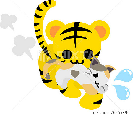 可愛い子猫を口に咥える可愛い虎ちゃんのイラストのイラスト素材