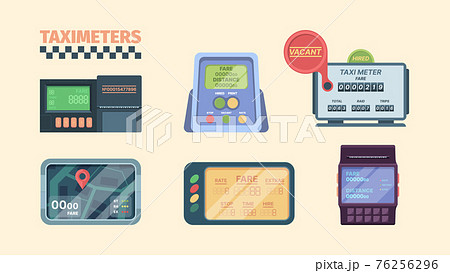 Taximeter. Display in car with speeding detection for cash money auto transportation meter for vehicle services garish vector collection Taximeter. Display in car with speeding detection for cash money auto transportation meter for vehicle services garish vector collection 76256296