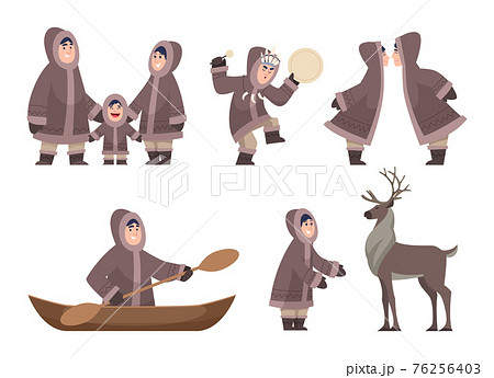 Eskimo characters. Traditional ethnic authentic characters cold alaska family exact vector cartoon happy people isolated 76256403