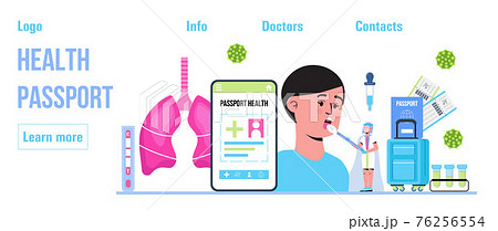 Health passport concept vector foe web, header. Vaccine, immunity passport app. Doctors wearing medical masks, disinfectant gloves washing hands. Travel rules in COVID-19 pandemic. 76256554