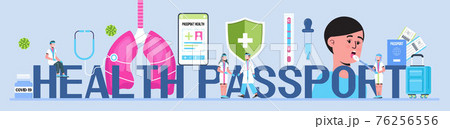 Health passport concept vector foe web, header. Vaccine, immunity passport app. Doctors wearing medical masks, disinfectant gloves washing hands. Travel rules in COVID-19 pandemic. 76256556