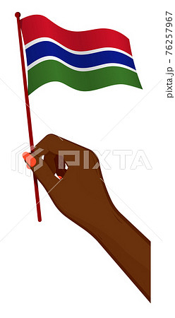 Female hand gently holds small flag of Gambia. Holiday design element. Cartoon vector on white background