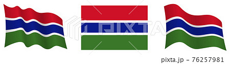 flag of Gambia in static position and in motion, fluttering in wind in exact colors and sizes, on white background