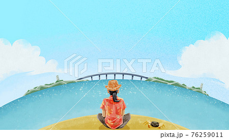 橋の掛かる島が見える砂浜の風景イラスト 76259011