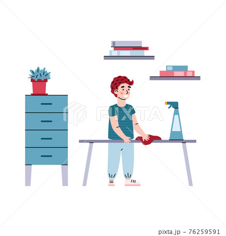 Child boy removes dust from furniture, cartoon vector illustration isolated. Child boy removes dust from furniture, cartoon vector illustration isolated. 76259591