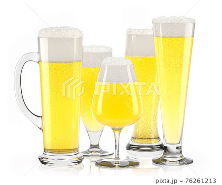 Set of fresh light beer glasses with bubble froth isolated on white background. Set of fresh light beer glasses with bubble froth isolated on white background. 76261213