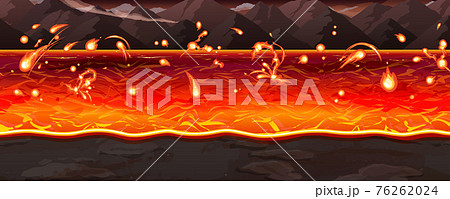 マグマ 溶岩の海の風景イラスト 横スクロールゲームの背景 シームレスのイラスト素材