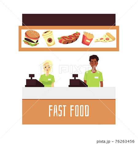Fast food restaurant or cafe workers stands behind counter a vector illustration Fast food restaurant or cafe workers stands behind counter a vector illustration 76263456