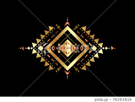 Gold Mexican Aztec tribal traditional geometric metallic logo design isolated on black background. Sacred Alchemy elements, esoteric bohemian sacred geometry. Magic indian tribal vector illustration 76263816