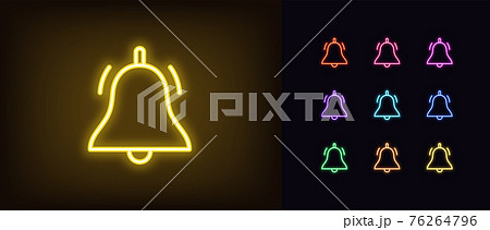 Neon bell icon. Glowing neon bell sign, outline notification pictogram 76264796
