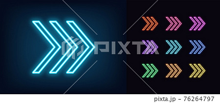 Neon arrow icon. Glowing neon swipe up sign, outline arrow pointer silhouette 76264797
