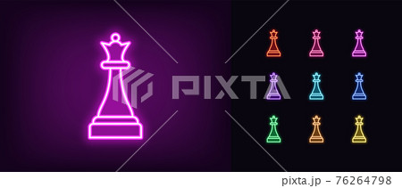 Neon chessmen queen icon. Glowing neon queen sign, outline chess piece, silhouette 76264798