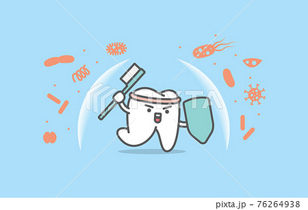 Dental cartoon of a white tooth protecting bacteria with toothbrush illustration cartoon character vector design on blue background. Dental care concept. Dental cartoon of a white tooth protecting bacteria with toothbrush illustration cartoon character vector design on blue background. Dental care concept. 76264938