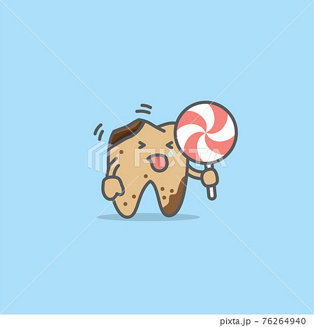 Dental cartoon of a brown decay tooth love eating candy illustration cartoon character vector design on blue background.  Dental care concept. 76264940