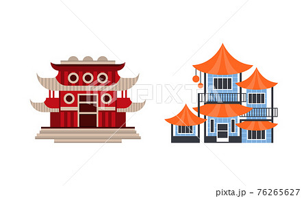 Japanese or Chinese Traditional Buildings Set, Ancient Asian Cultural Objects Facades Flat Vector Illustration 76265627