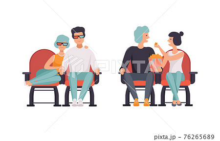Loving Couples Watching Film in Movie Theater Set, Happy Couple Having Date in Cinema Hall, Front View Flat Vector Illustration 76265689