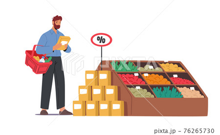 Customer Male Character Visiting Grocery or Supermarket Choose Goods and Put in Shopping Basket. Man Holding Package 76265730