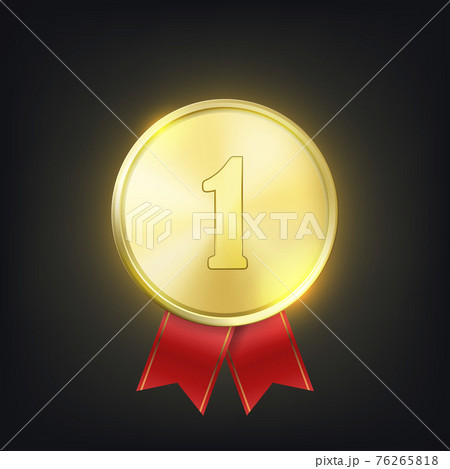 Vector 3d Realistic Golden Medal with Red Ribbon. Victory Concept. Glow First Place Badge Closeup on Dark Background. Front View 76265818