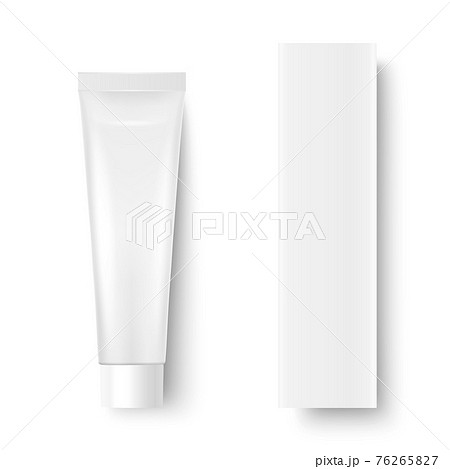 Vector 3d Realistic Plastic, Metal White Tooth Paste, Cream Tube, Carton Packing Isolated on White Background. Design Template of Toothpaste, Cosmetics, Cream, Tooth Paste for Mockup. Top View 76265827