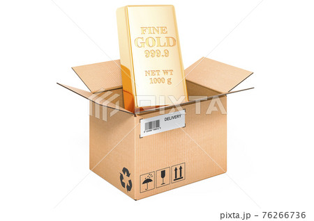 Gold bullion inside cardboard box, delivery concept. 3D rendering 76266736
