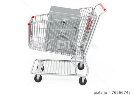 Shopping cart with safe box with combination lock, 3D rendering Shopping cart with safe box with combination lock, 3D rendering 76266745