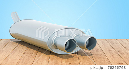 Car exhaust pipe on the wooden planks, 3D rendering 76266768