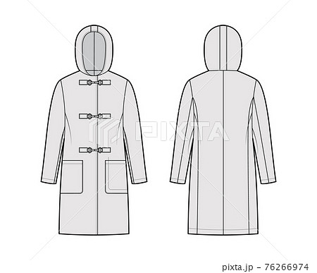 Clasp coat technical fashion illustration with long sleeves, hood, oversized body, patch pockets, knee length. Flat 76266974