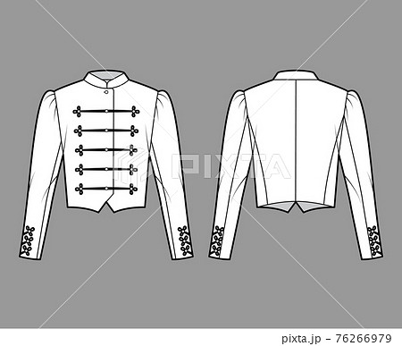 Majorette jacket technical fashion illustration with crop length, long leg o Mutton sleeves, stand collar, frog closure Majorette jacket technical fashion illustration with crop length, long leg o Mutton sleeves, stand collar, frog closure 76266979
