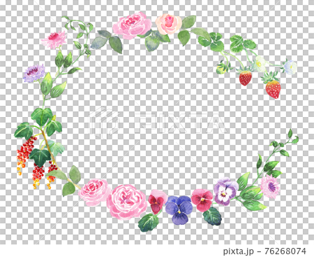 <水彩画>魔法の森のブーケ(ベリー、パンジー、バラ、つる)の楕円リース形フレーム素材2 76268074