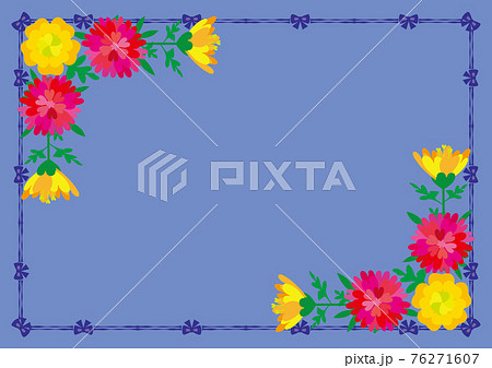 ハート形花びらのカーネーションと黄色い花 紫色リボンラインフレームと青紫色の背景のイラスト素材