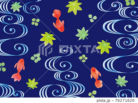 金魚と青紅葉と流水紋の水彩タッチの和柄背景 紺背景のイラスト素材