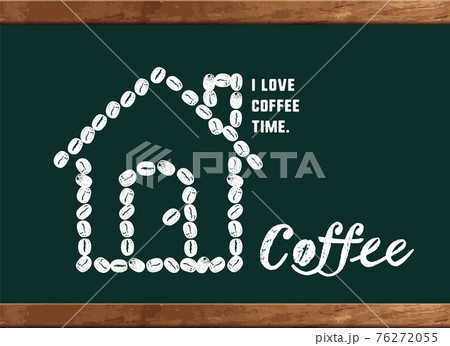 コーヒーのイラスト 黒板にかわいいコーヒー豆の家のイラストとメッセージ入り フレームイラスト のイラスト素材