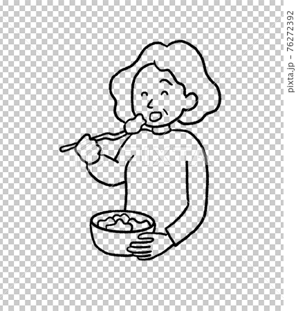 サラダを食べるシニア女性の線画イラストのイラスト素材