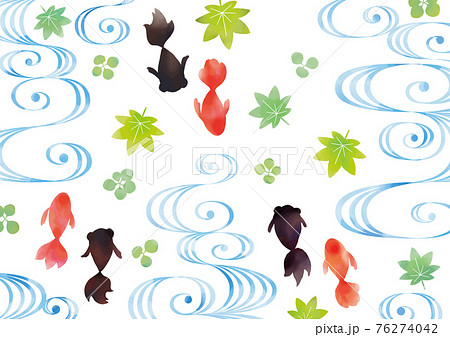 金魚と青紅葉と流水紋の水彩タッチの和柄背景 白バックのイラスト素材