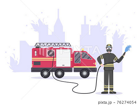 Firefighters With House Fire Engines, Helping People and Animal, Using Rescue Equipment in Various Situations. Vector Illustration 76274054