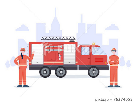 Firefighters With House Fire Engines, Helping People and Animal, Using Rescue Equipment in Various Situations. Vector Illustration 76274055