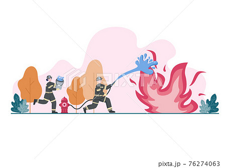 Firefighters With House Fire Engines, Helping People and Animal, Using Rescue Equipment in Various Situations. Vector Illustration 76274063