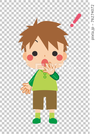 何かに気が付いて口に手を当てて驚いている可愛い小さな男の子のイラスト 76274072