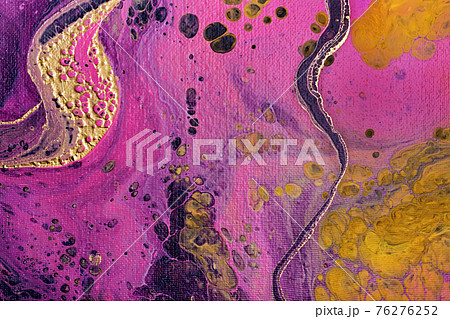 Acrylic Fluid Art. Yellow paint bubbles on magenta waves. Liquid Gold Wave on canvas. Digital decor. Abstract stone background or texture 76276252