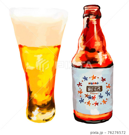 手描きのビール瓶とグラスのイラストセットのイラスト素材